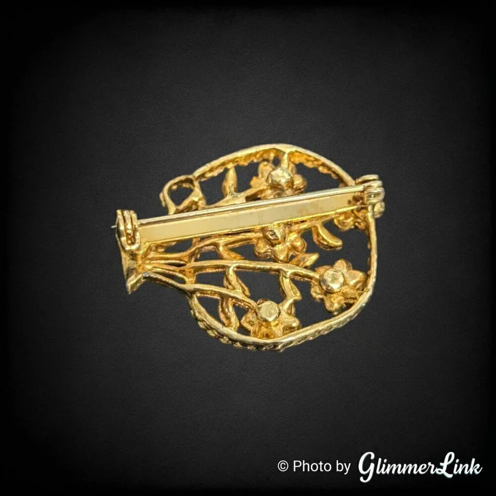 Vintage Red Rhinestone Flower Basket Gold Tone Brooch Pin